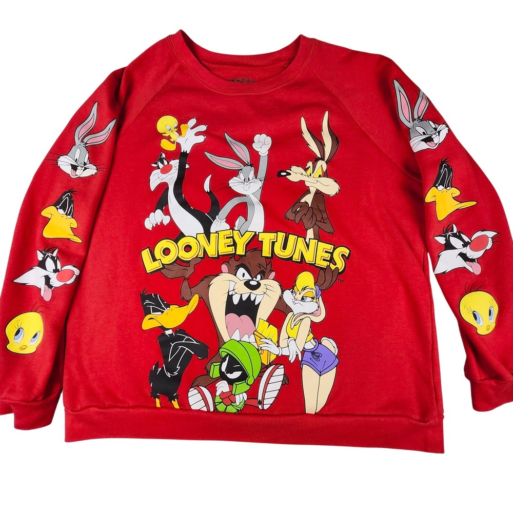 Looney Tunes Characters Sweatshirt XXL Red Crew Neck Bugs Bunny Taz Tweety Daffy